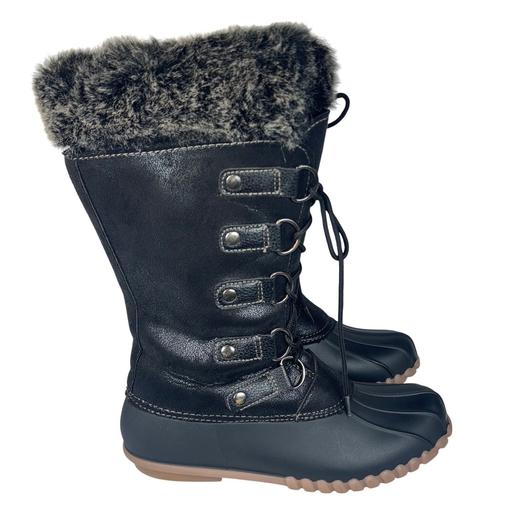 Yuu Fiona Winter Duck Boots Black Faux Fur Trim Lace Up Snow Outdoor Women 7M